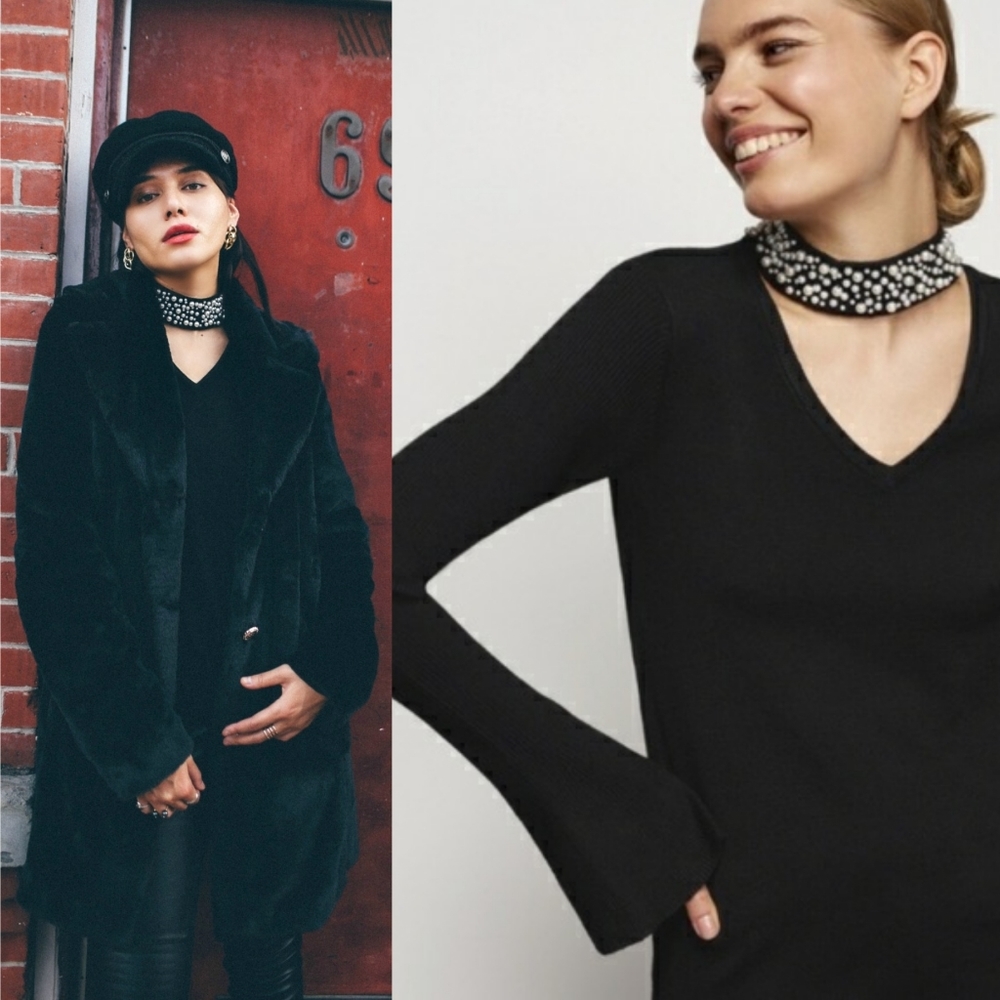 Karl Lagerfeld Paris X Long Tall Sally Pearl Choker Bell Sleeve Sweater Black XL